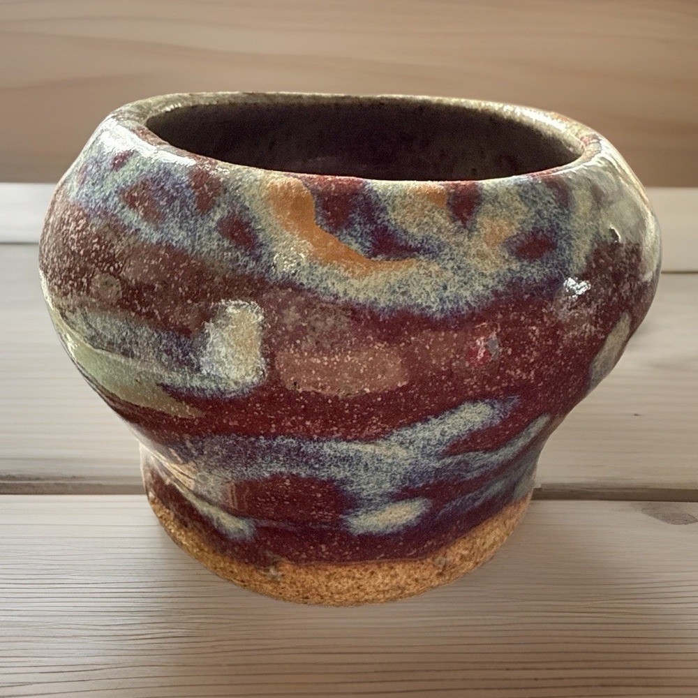Artist Signed Vase/small Jug Bowl Pottery Maroon Brown & Blue White Design 4"